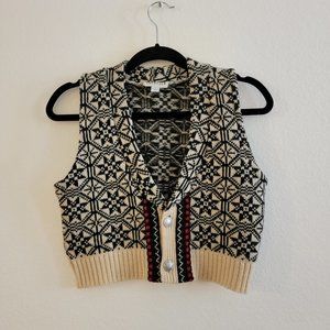 Cocorico - Vintage Jacquard Cropped Sweater Vest - Cream & Black - Size S Small